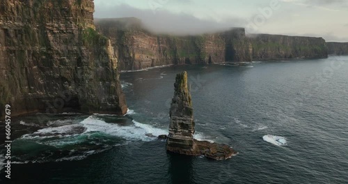 Flying over the Branaunmore sea stack of the Cliffs of Moher 4k photo