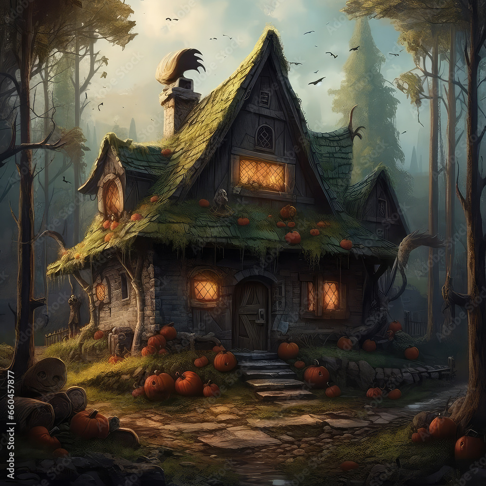 Horror house concept. Old creepy building with lights in windows in forest at night Abandoned Haunted Horror House and pumpkins around. Horror house concept. Old creepy building with lights in windows in forest at night Abandoned Haunted Horror House and pumpkins around.