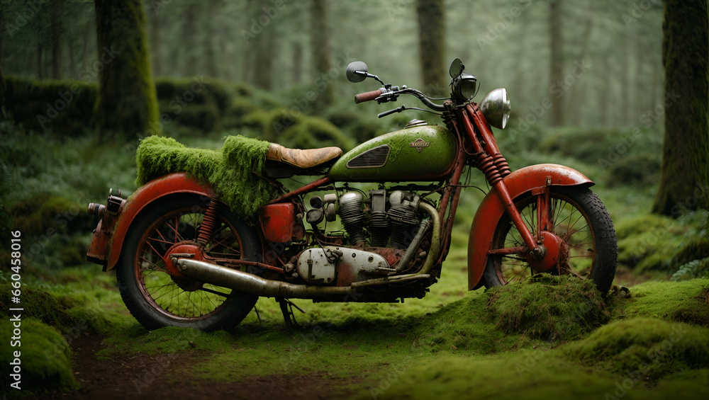 an old red motorcycle from 1929 covered in green moss