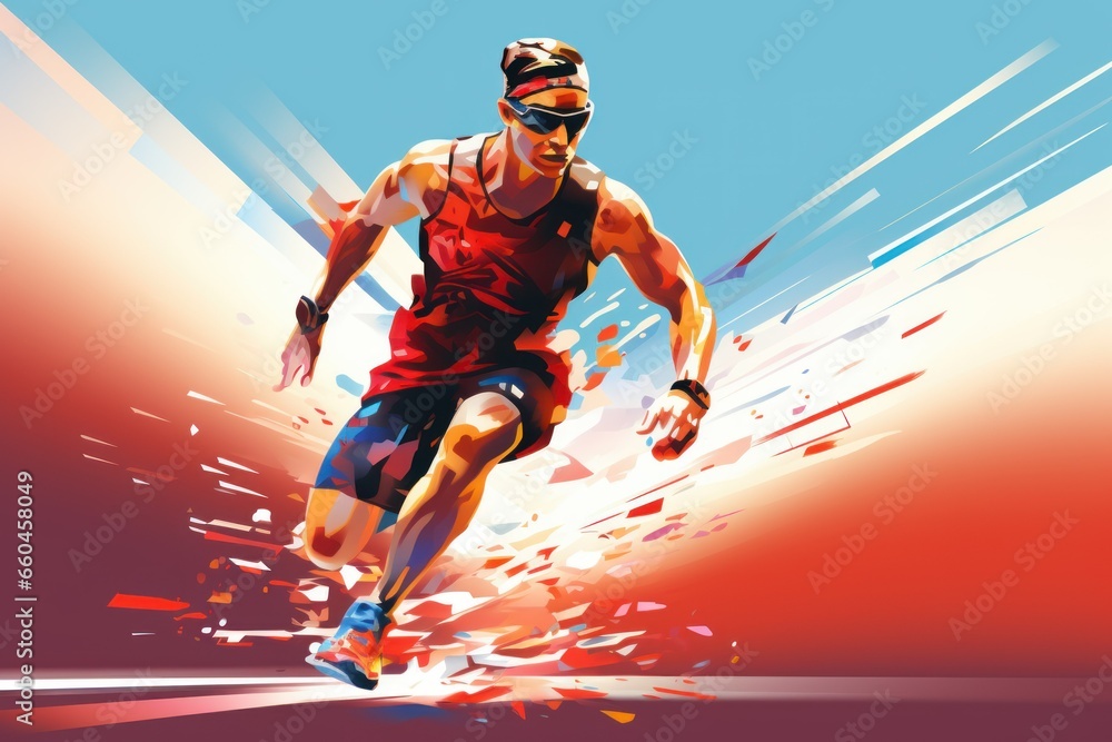 concept banner. illustration of a girl athlete participating in the Olympic Games, running a marathon through the stadium