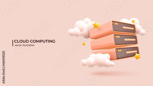 3d Cloud storage. Realistic 3d design of Futuristic Server with Clouds and Stars. A digital service or application with data transmission. Network computing technologies. Vector illustration