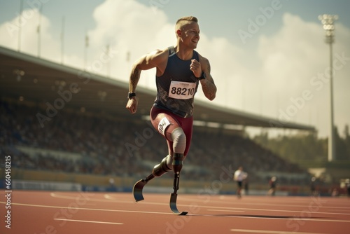 concept banner. photo of a man men athlete without legs with prosthetics instead of legs participating in the Olympic Games, running a marathon across the stadium copy space