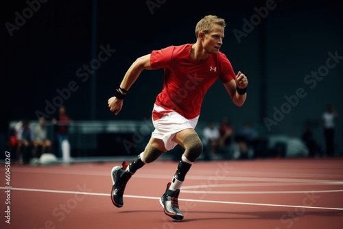 concept banner. photo of a man men  athlete without legs with prosthetics instead of legs participating in the Olympic Games, running a marathon across the stadium copy space © Aksana