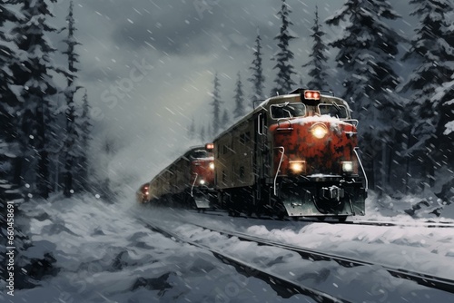 Illustration of trains amidst a winter storm in the forest. Generative AI