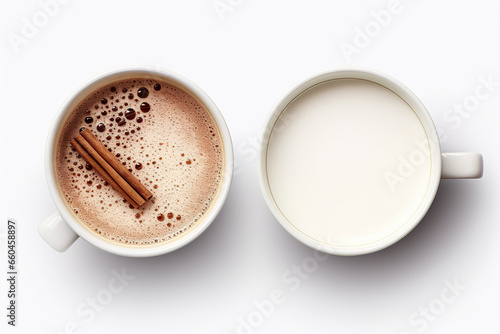 two white mugs with hot chocolate, with and without chocolate powder, hot drink beverage design element, flat lay