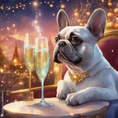 French bulldog with champagne on a New Year's background.  © F@natka