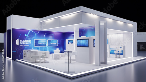 Visualisation vr project, futuristic Commercial stand in exhibition hall or large professional salon ready to receive brands and advertisements photo