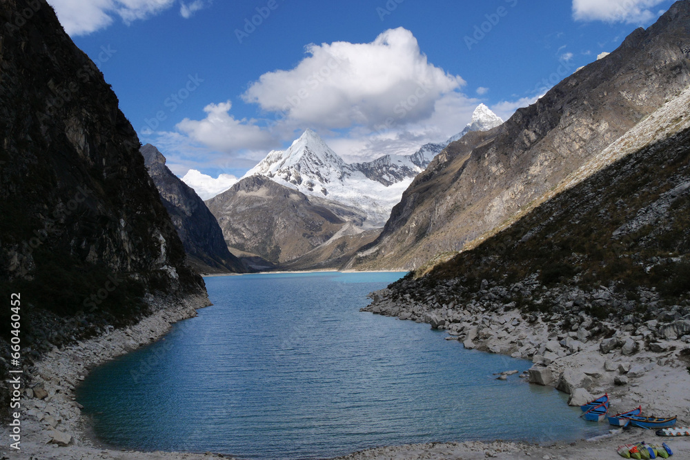 Lake Parón, the largest turquoise lake in the Cordillera Blanca, located in the Peruvian Andes, with the Artesonraju mountain peak (aka “Paramount”) in the background. Huascaran National Park, Peru