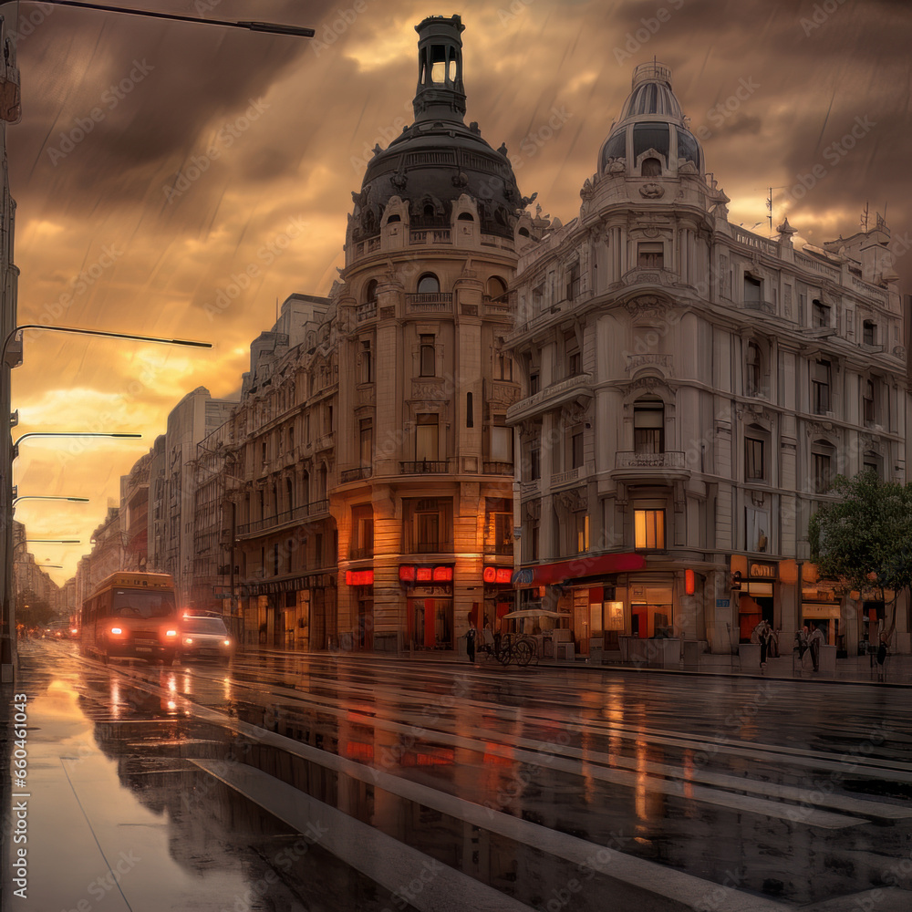 Madrid's Rainy Day: Urban Serenity in the Midst of the Storm