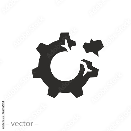 gear crack icon, failed part, broken mechanism, flat symbol - editable stroke vector illustration