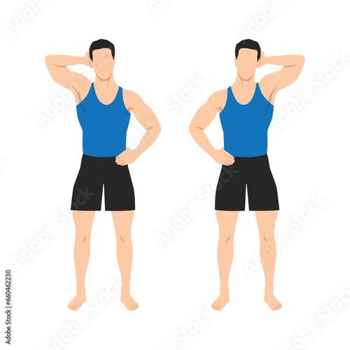 Man doing side push neck stretch exercise while standing. Flat vector illustration isolated on white background