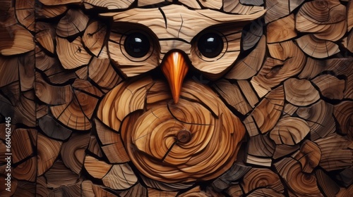 Wood bbird. Animal faces made of wood. Wild, brutal nature. photo