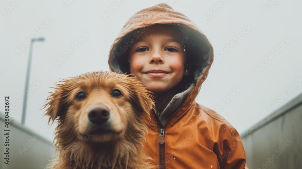 A cheerful boy and his dog enjoy the rain on a quiet street.