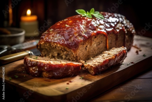 Meatloaf with bbq sauce on a wooden cutting board