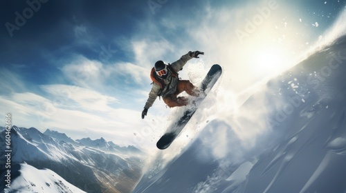 A man flying through the air while riding a snowboard. Great for advertising equipment rental businesses.