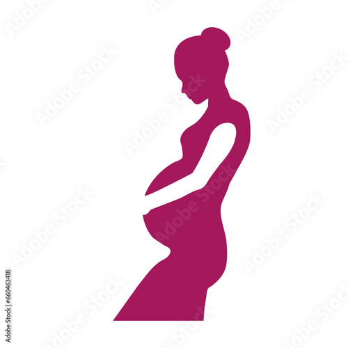 Illustration depicting a pink silhouette of a pregnant woman holding her belly.