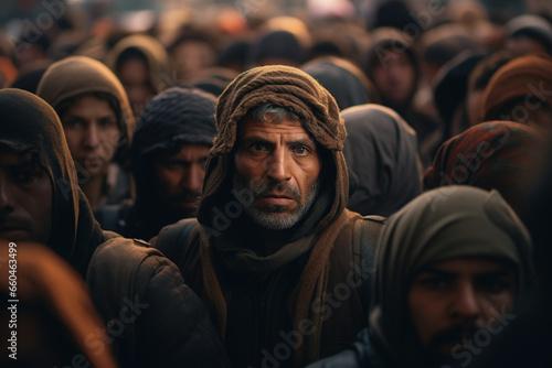 Emigration, migrants social problem. Portrait of older poor man of Eastern nationality in crowd of refugees looking at camera photo