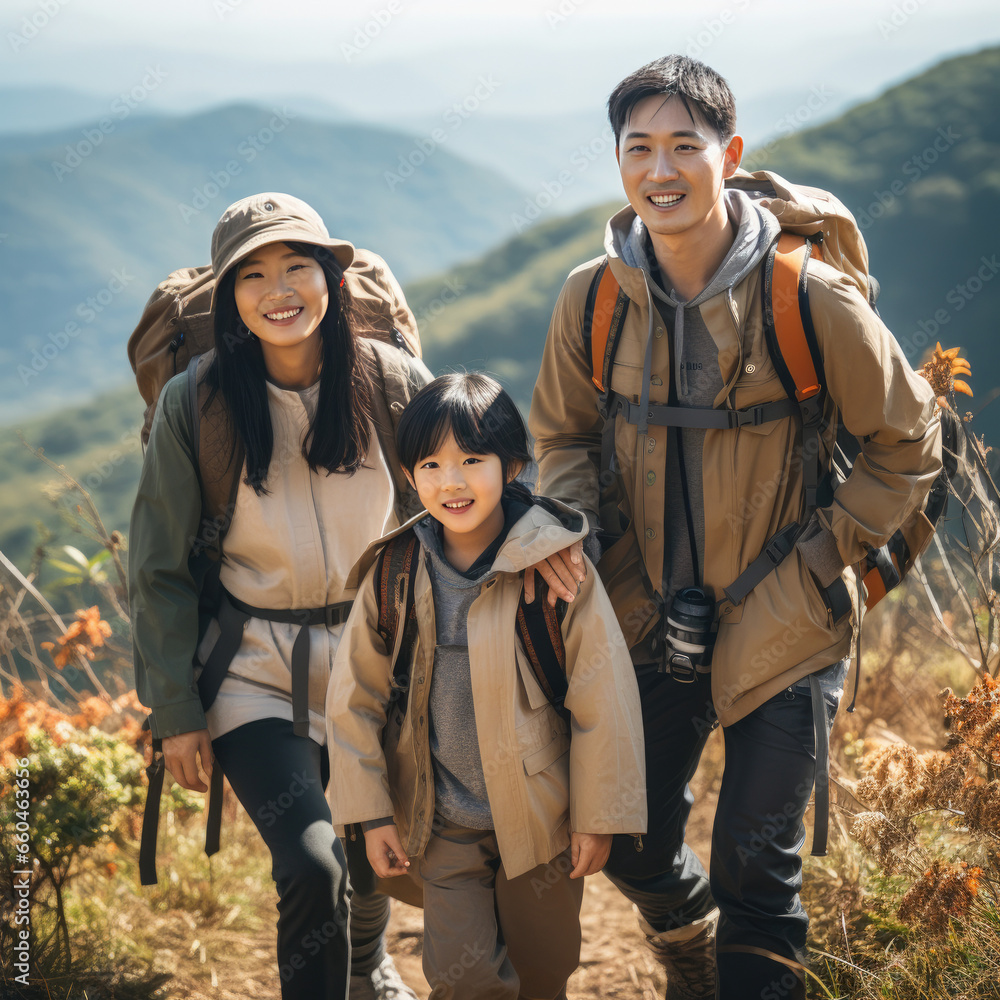 Asian Family Hiking On Mountain, Nature Adventure