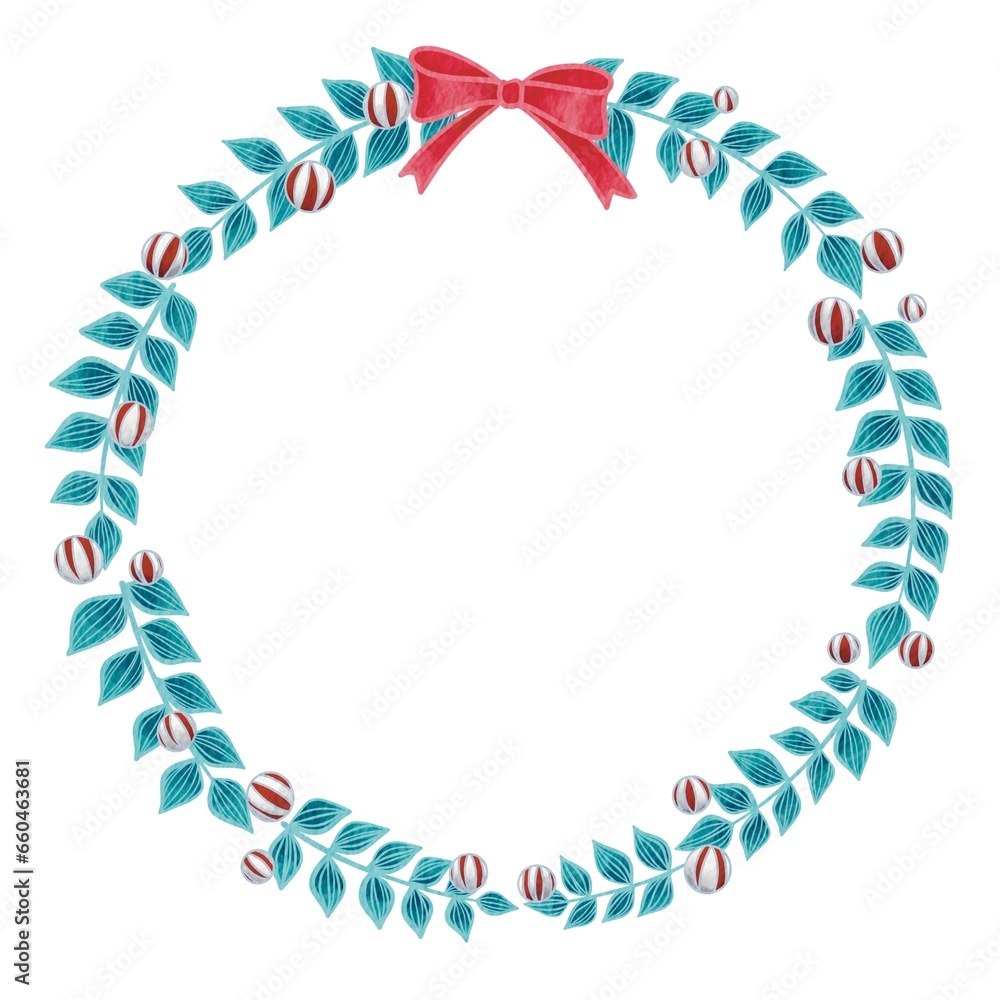 Fern leaves with peppermint candy ball and bow Christmas wreath illustration for decoration on Christmas ornament sign. Fern leaves with peppermint candy ball and bow Christmas wreath illustration for decoration on Christmas ornament sign.