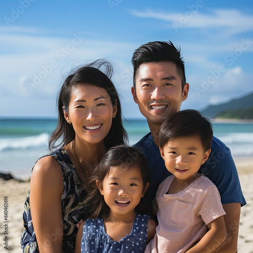 Loving Asian Family Together on Beach Vacation