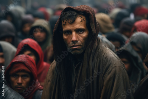 Portrait of an adult sad poor man of eastern nationality in a crowd of refugee people outdoors. Emigration, migrants are a social problem