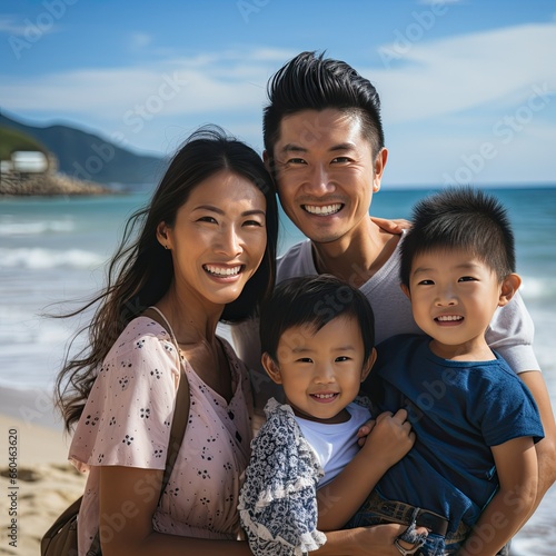 Happy Asian Family Vacations on an Island Beach