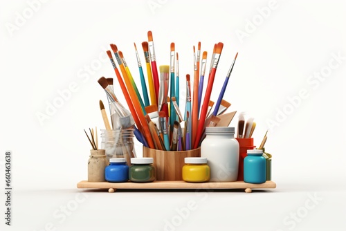 Art supplies with brushes, pencils, and colors isolated on a white background