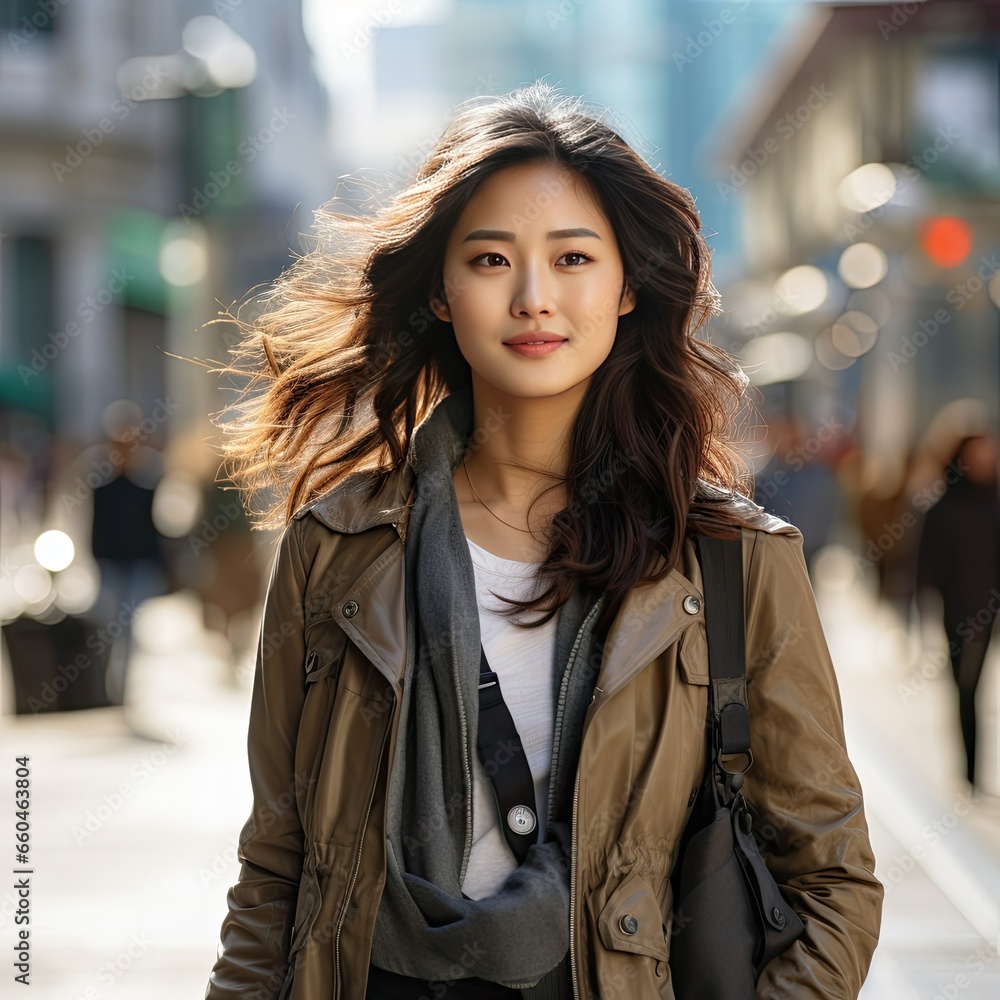 Fototapeta premium Joyful Young Asian Woman Exploring Vibrant City Streets