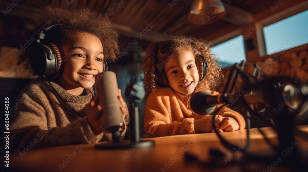 Young podcasters record using a microphone. - obrazy, fototapety, plakaty 