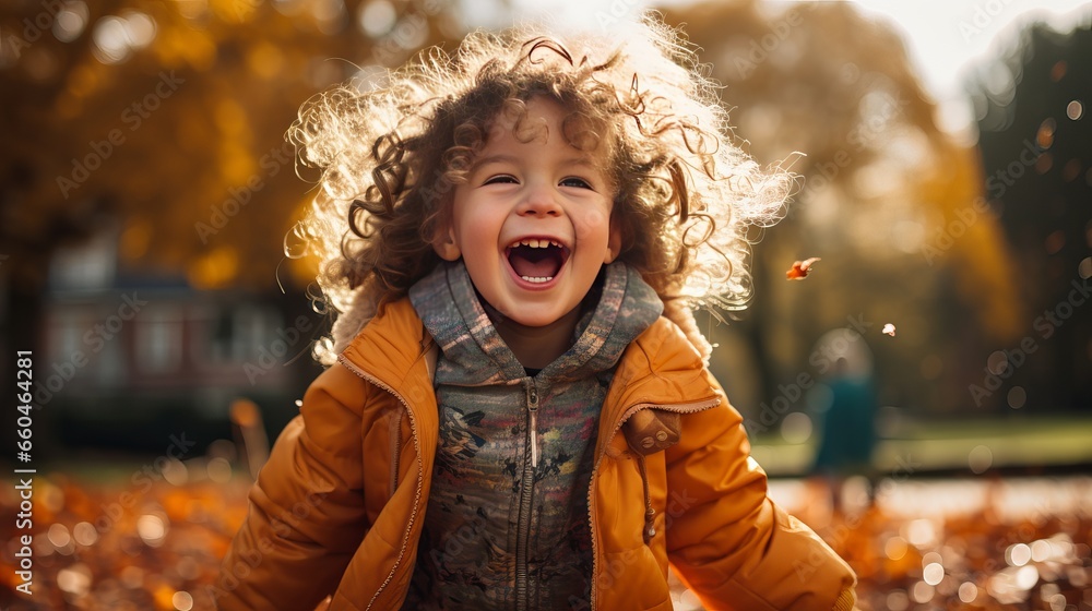 portrait of a child having fun in a park during sunny autumnal day portrait of a child having fun in a park during sunny autumnal day