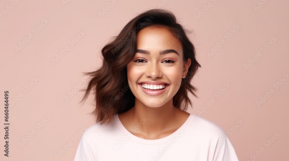 A cheerful teenage girl, radiating positivity, stands confidently in front of a soft, studio backdrop. A cheerful teenage girl, radiating positivity, stands confidently in front of a soft, studio backdrop.