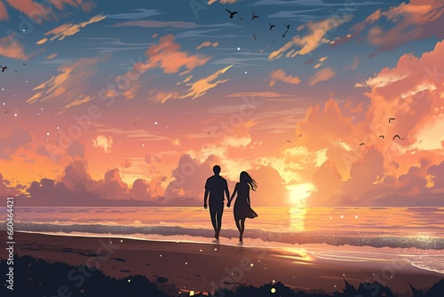 two couples walking on the beach under the setting sun generative ai photo