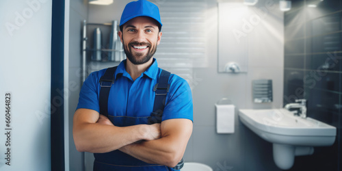 plumbing services. smiling plumber in blue uniform standing in bathroom. banner with copy space photo