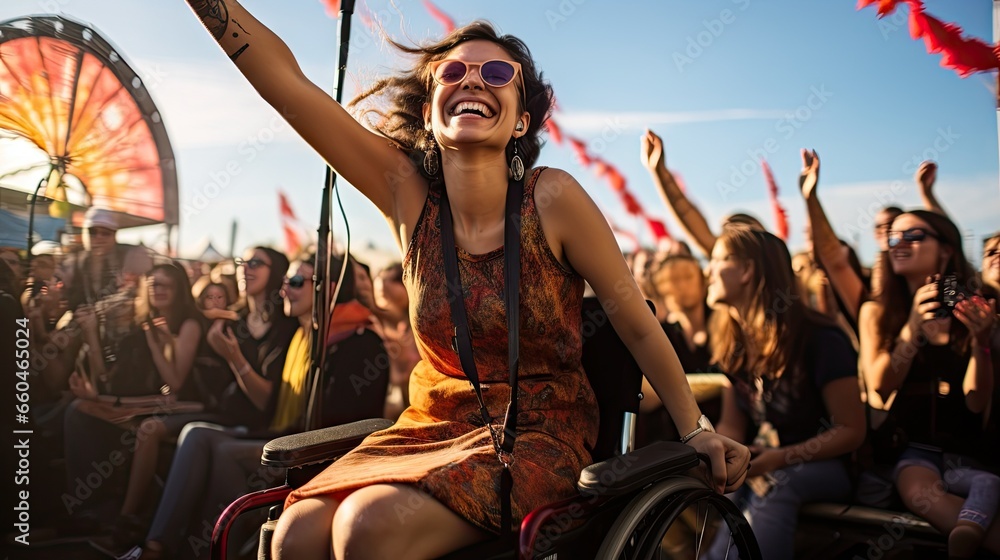 Inclusive Festival Joy: Vibrant Selfie of Wheelchair User Amid Dance Crowd - obrazy, fototapety, plakaty 