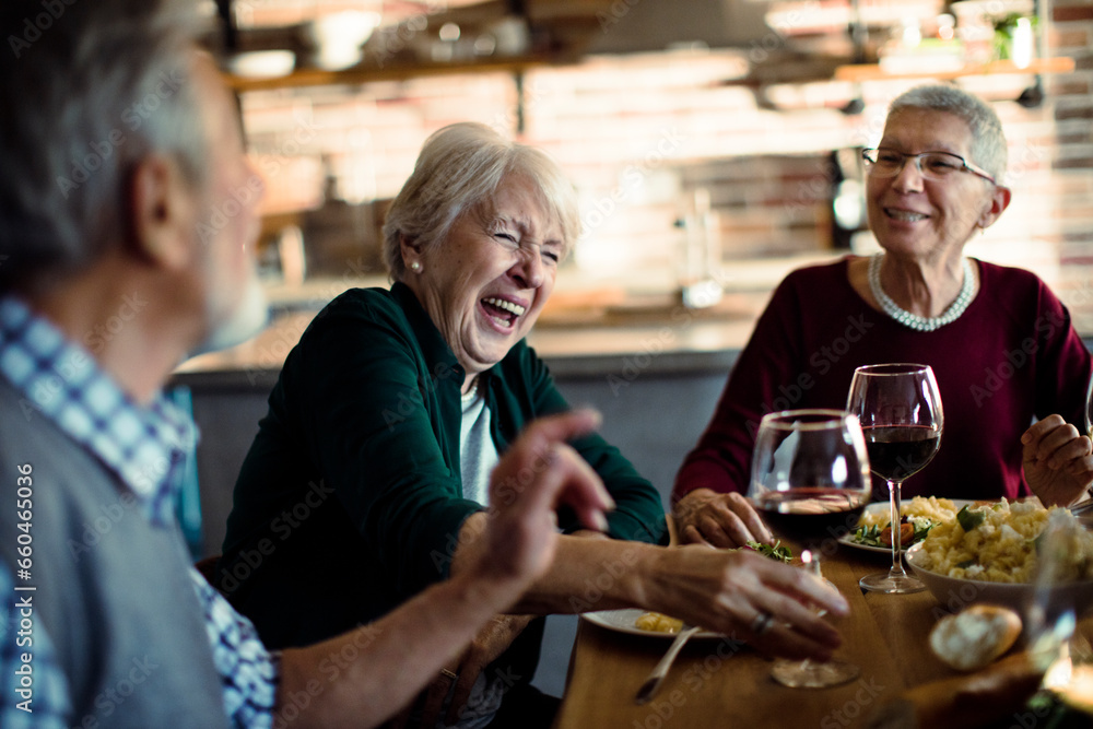 Senior friend group having wine and dinner at home together