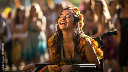Inclusive Festival Joy: Vibrant Selfie of Wheelchair User Amid Dance Crowd