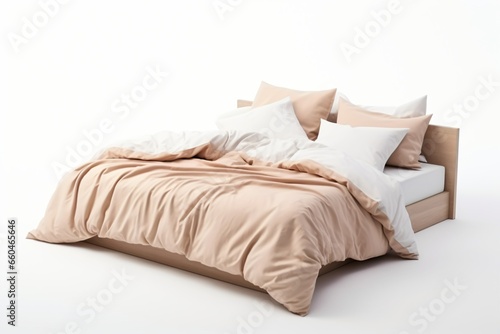 A wooden bed with bedding and pillows isolated on a white background