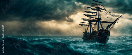 A pirate ship under a storm in the ocean. Panoramic view. photo