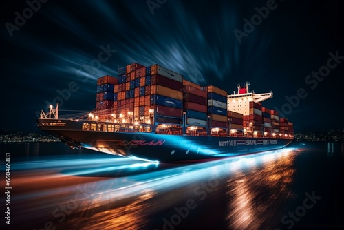 A container ship with captivating lighting transporting containers sailing away during the night. Generative AI