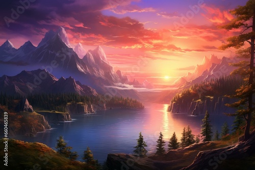 A mystical terrain featuring majestic mountains and a serene lake under a breathtaking sunset sky. Generative AI
