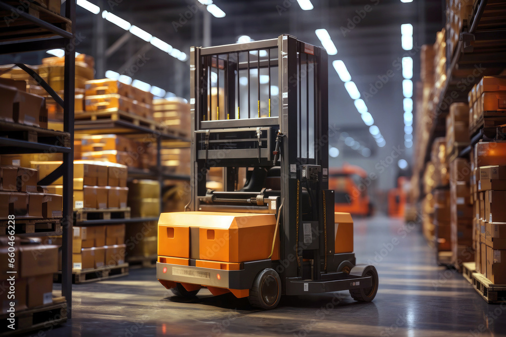 Automated Forklift doing storage in a warehouse managed by machine learning and artificial intelligence automation, robotics applied to industrial logistics