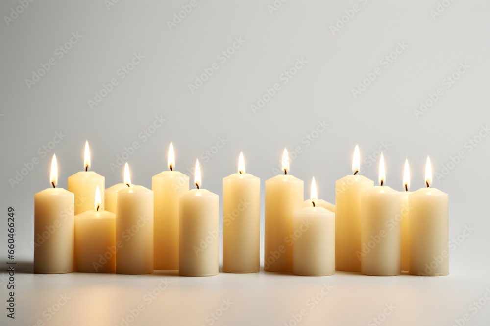 A group of candles burning with flame, isolated on a grey background