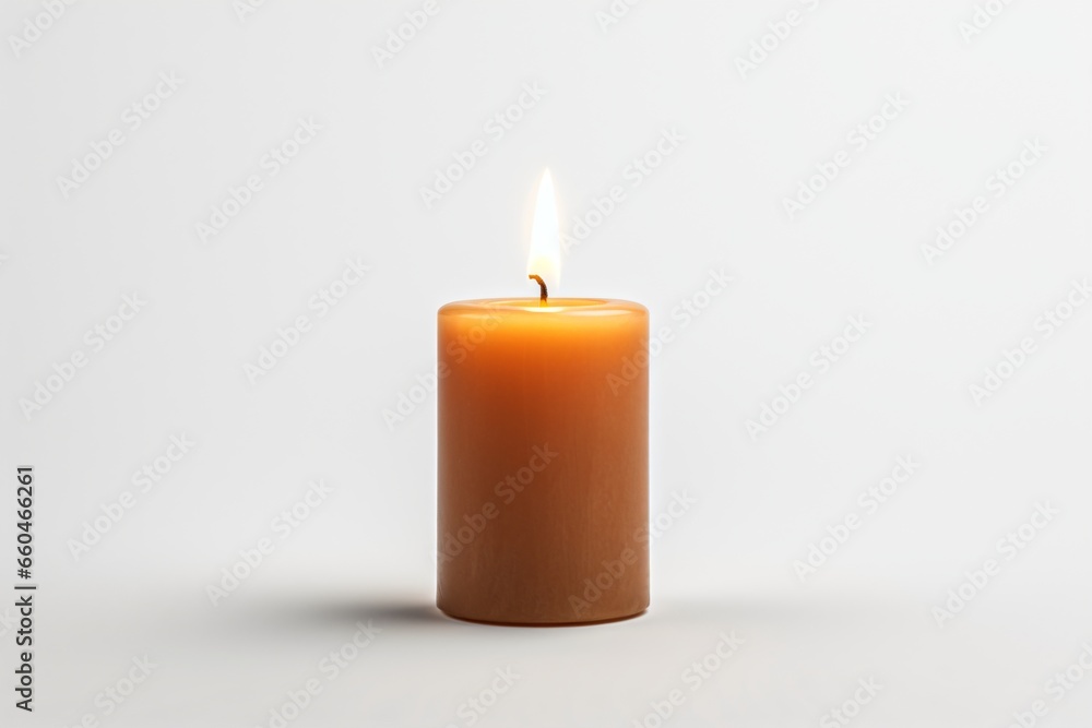 A single candle with flame, isolated on a grey background A single candle with flame, isolated on a grey background