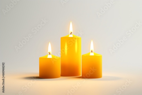 A group of candles burning with flame  isolated on a grey background