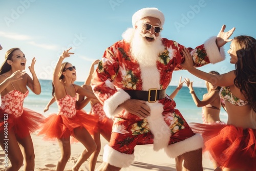 Santa claus aloha dancing with beautiful girls in a swimsuits in a tropical location