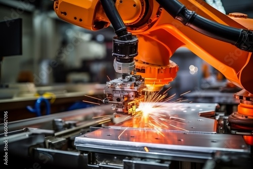 Industrial robots manipulators in production assemble parts 
