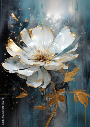 a painting of a white flower on a blue background.   Acrylic Painting of a Gray color flower  Perfect for Wall Art.