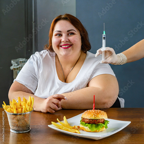 overweight woman eats a burger while getting a weight loss shot