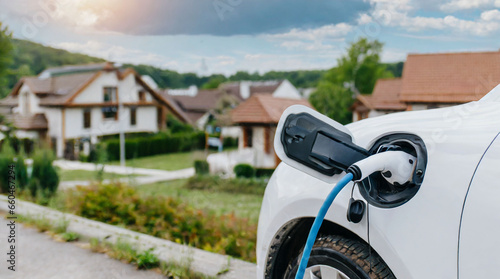 Electric car is charged in suburb