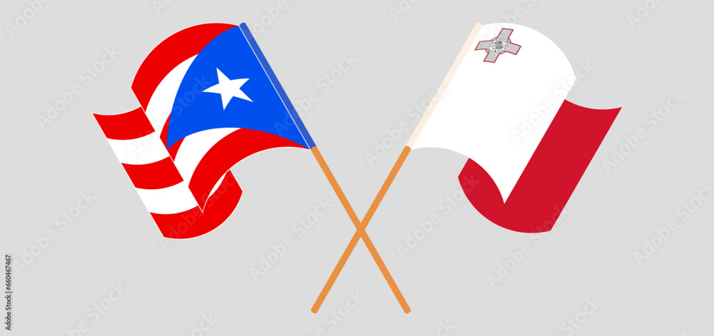 Crossed and waving flags of Puerto Rico and Malta Crossed and waving flags of Puerto Rico and Malta